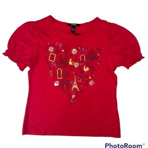 Madison Montila Red Puffed Sleeve Printed Embellished Top Tee L